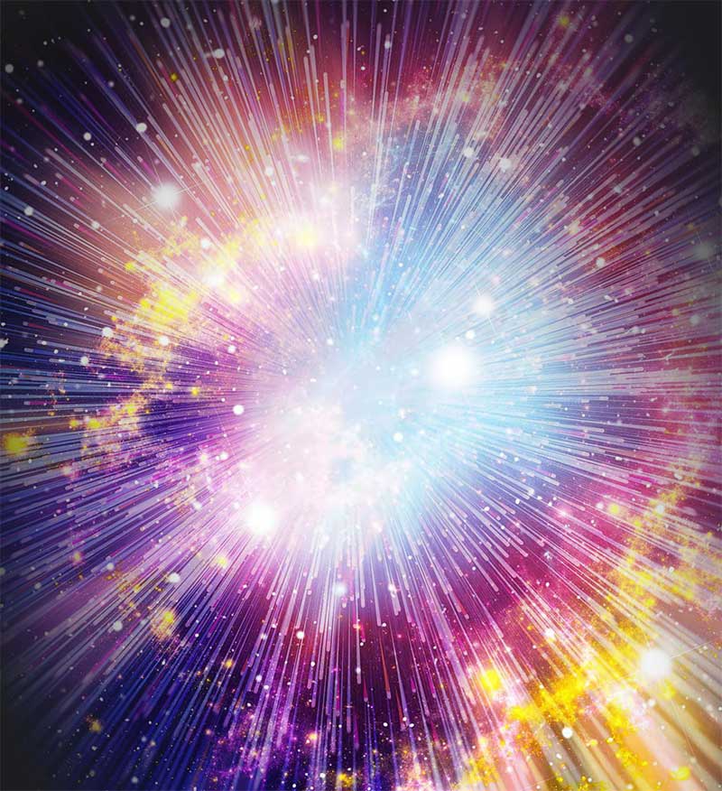 Colorful illustration of the Big Bang explosion with radiant light beams and stars in deep space, representing the origin of the universe.