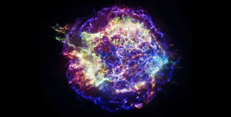 Stunning X-ray view of Cassiopeia A supernova remnant captured by NASA’s Chandra Observatory, showing colorful gases and elements from the stellar explosion.