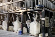 Industrial production line for dry powder fire extinguishing agents, featuring ploughshare mixing and automatic bag filling systems