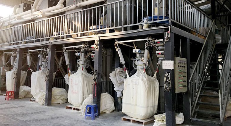 Industrial production line for dry powder fire extinguishing agents, featuring ploughshare mixing and automatic bag filling systems