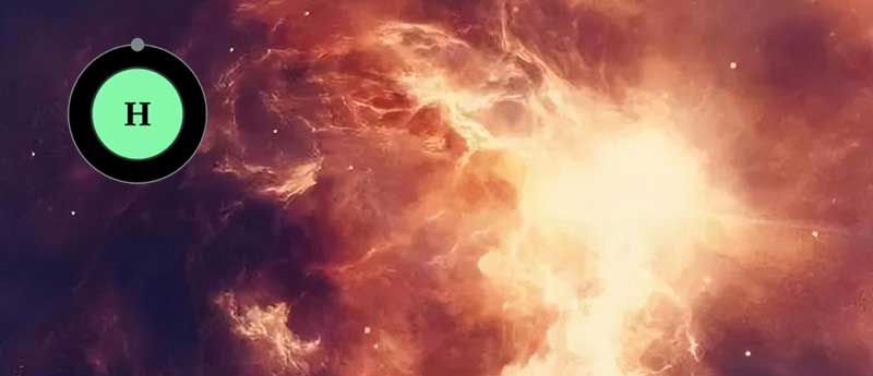 Hydrogen atom symbol with cosmic nebula background — representing the abundance of hydrogen in the universe and its role in star formation