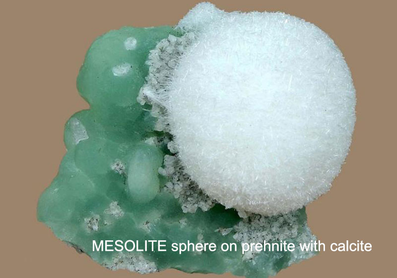 MESOLITE sphere on prehnite with calcite