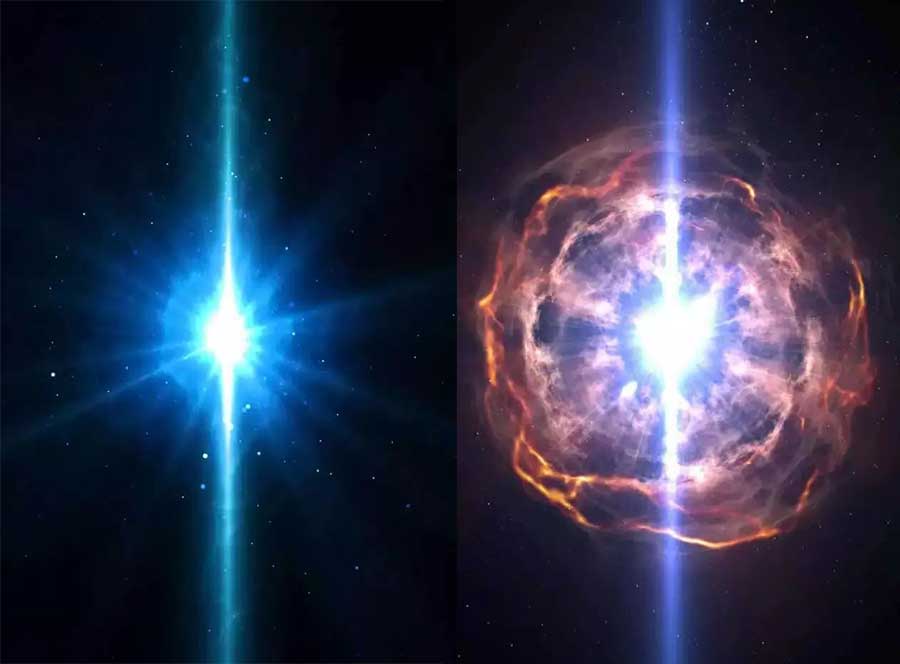 An illustration of a massive star exploding as a supernova. This cosmic event produces elements heavier than iron, from cobalt to uranium, including gold