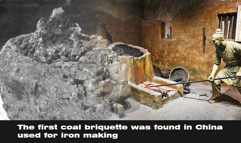 The first coal briquette and the imangined scene of how people make iron