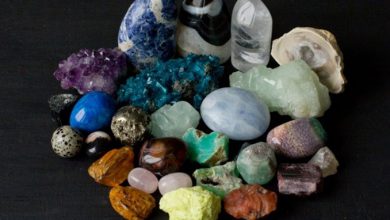 different minerals isolated black background reflection