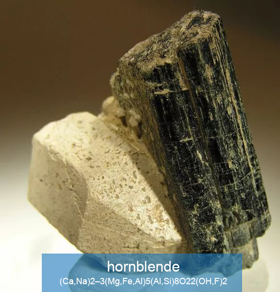 hornblende (Ca,Na)2–3(Mg,Fe,Al)5(Al,Si)8O22(OH,F)2